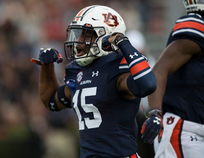 Auburn defensive back Jordyn Peters (15) celebrates after blocking a Liberty punt at Jordan-Hare Stadium in Auburn, Ala., on Saturday, Nov.. 17, 2018.